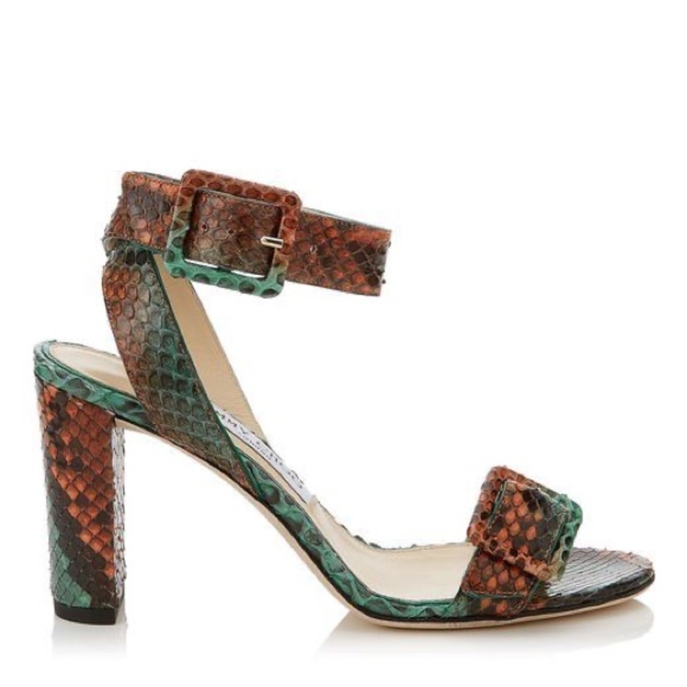 Jimmy choo / dacha 85 snakeskin python green orange buckle heel sandal 39.5 9.5